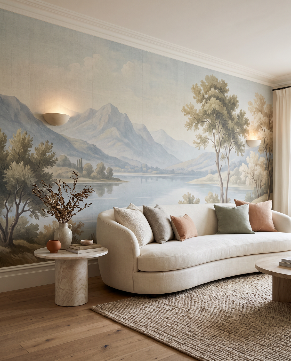 Salon avec papier peint panoramique paysage