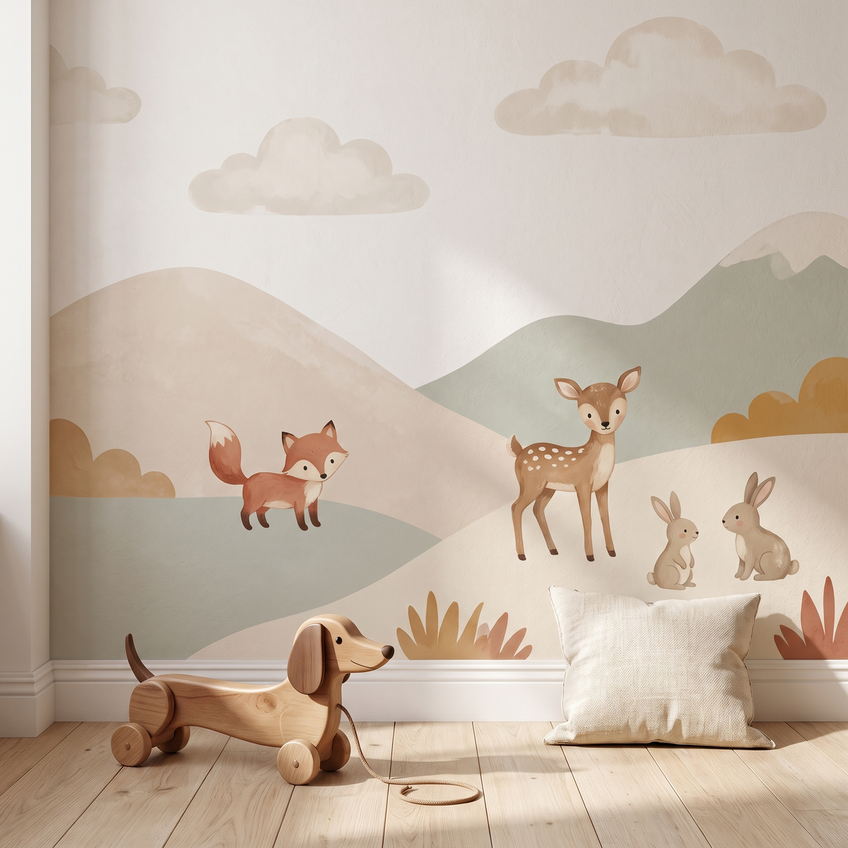 Chambre d’enfant avec papier peint collines et animaux Image