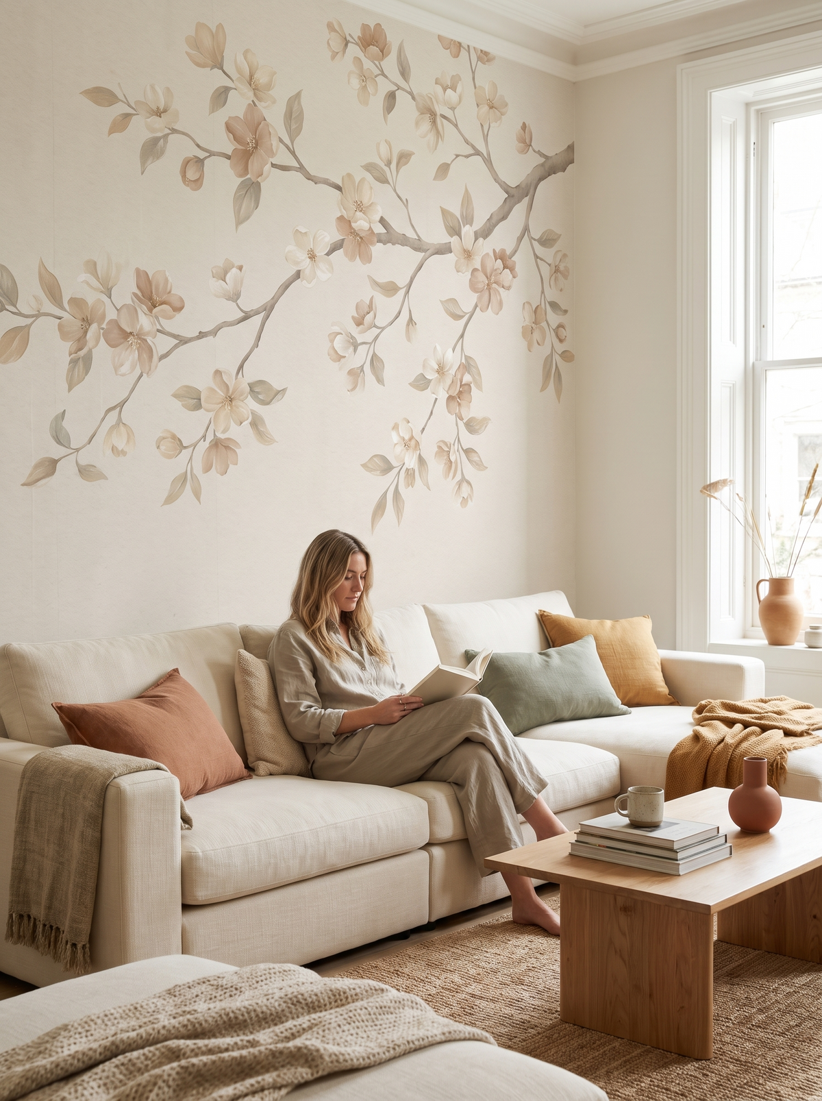 Salon avec papier peint arbre en fleurs Image