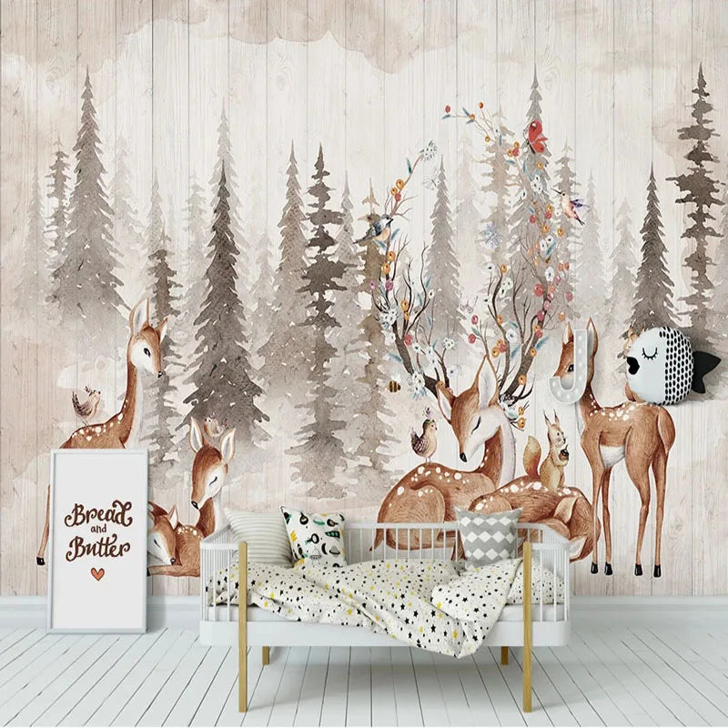 Papier peint panoramique Forêt aux cerfs, beige, mise en situation 3