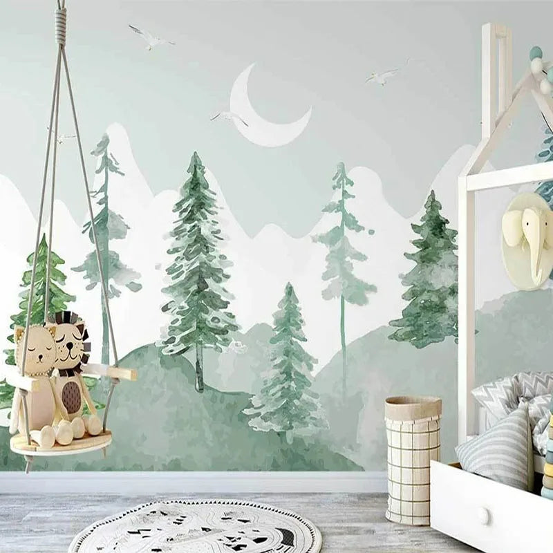 Papier peint panoramique Sapins et lune, vert tendre, mise en situation 2