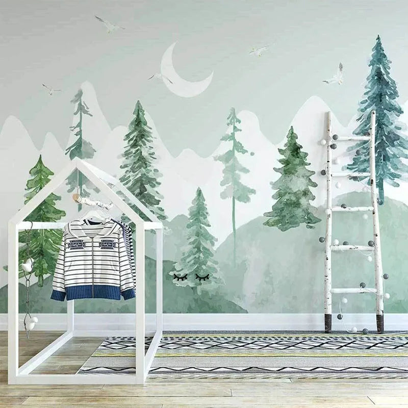 Papier peint panoramique Sapins et lune, vert tendre, mise en situation 3