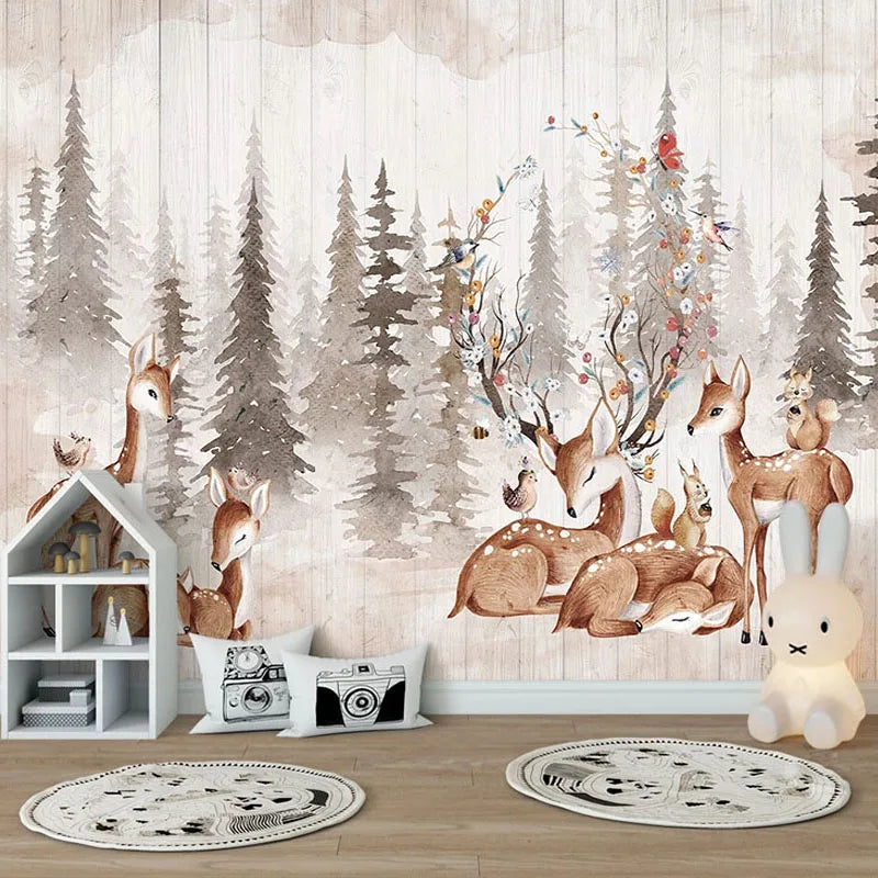 Papier peint panoramique Forêt aux cerfs, beige, mise en situation 2