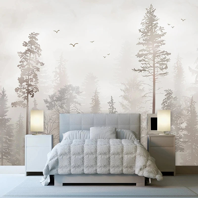 Papier peint panoramique Forêt dans la brume, gris, mise en situation 3