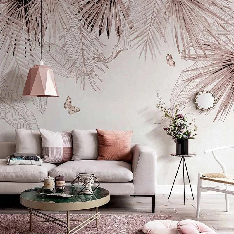Papier peint panoramique Palmes poudrées, taupe rosé, mise en situation 2