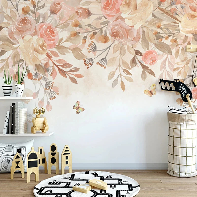 Papier peint panoramique Fleurs pêche, crème, mise en situation 1