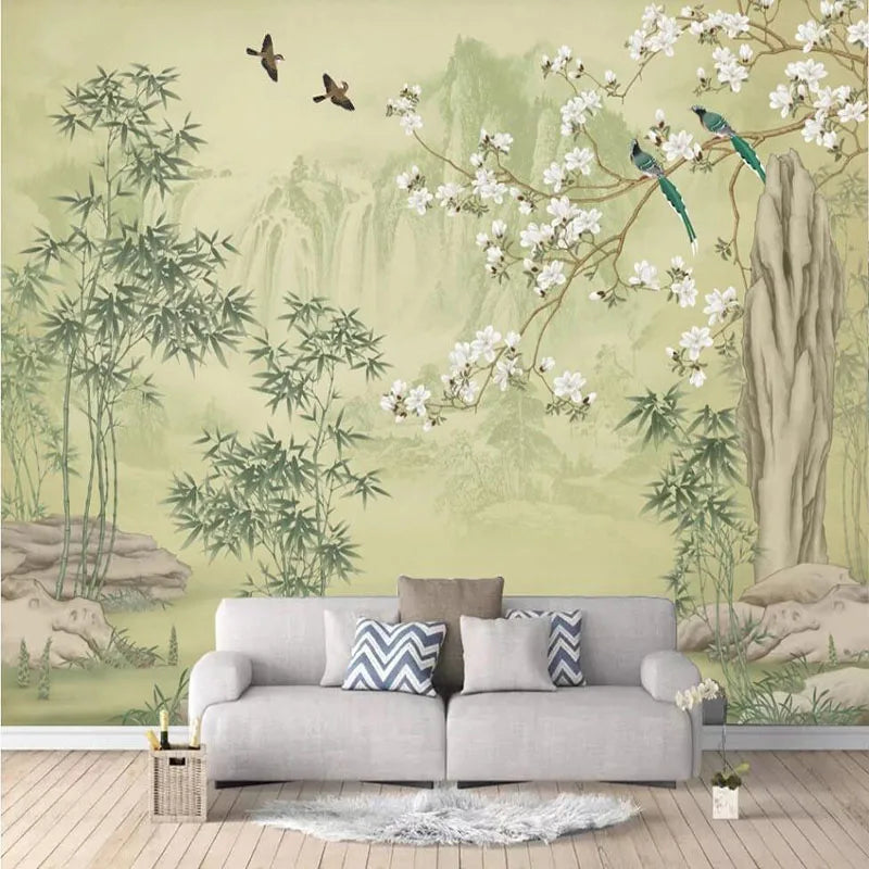 Papier peint panoramique Bambous et magnolias, vert d'eau, mise en situation 1