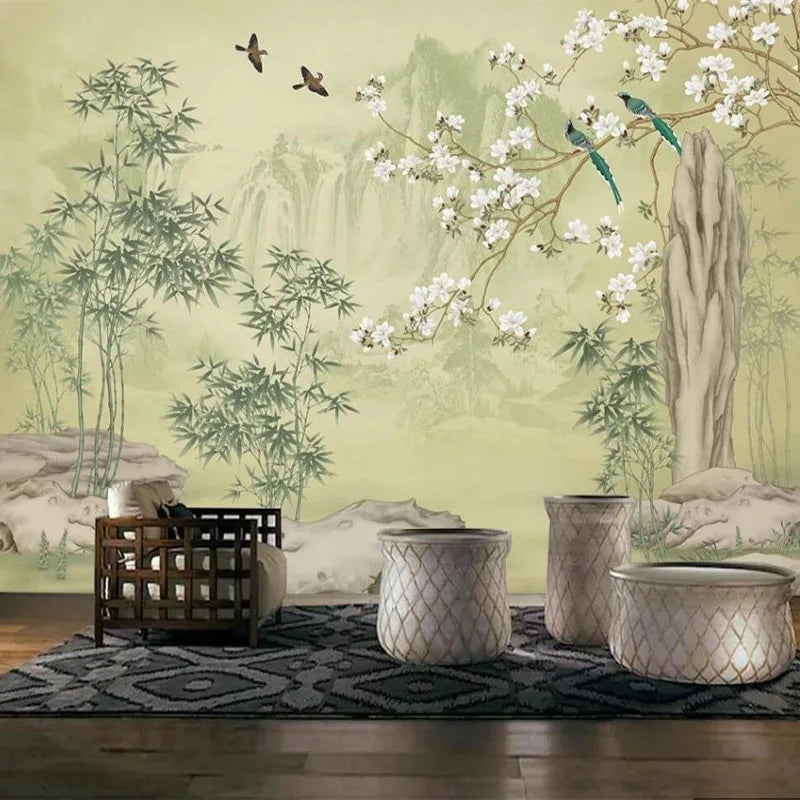 Papier peint panoramique Bambous et magnolias, vert d'eau, mise en situation 2