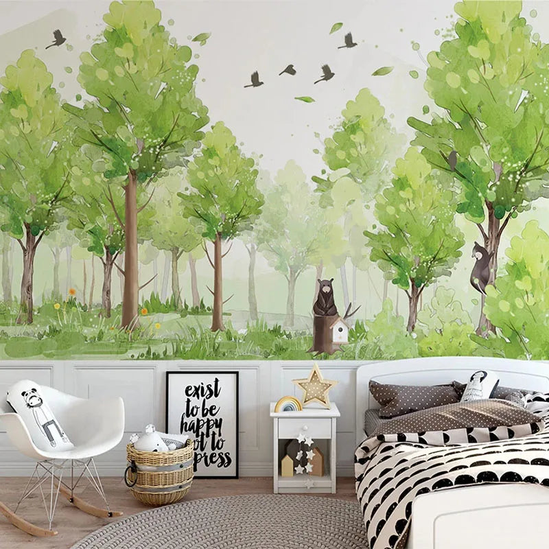 Papier peint panoramique Petite forêt aquarelle, vert, mise en situation 2