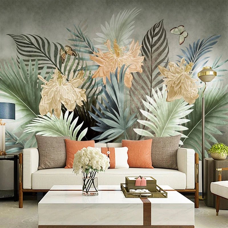 Papier peint panoramique Feuillage tropical, sauge et or, mise en situation 2
