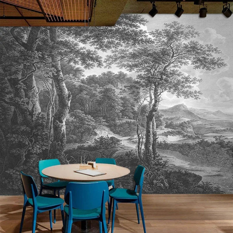 Papier peint panoramique Forêt gravée, noir et blanc, mise en situation 3