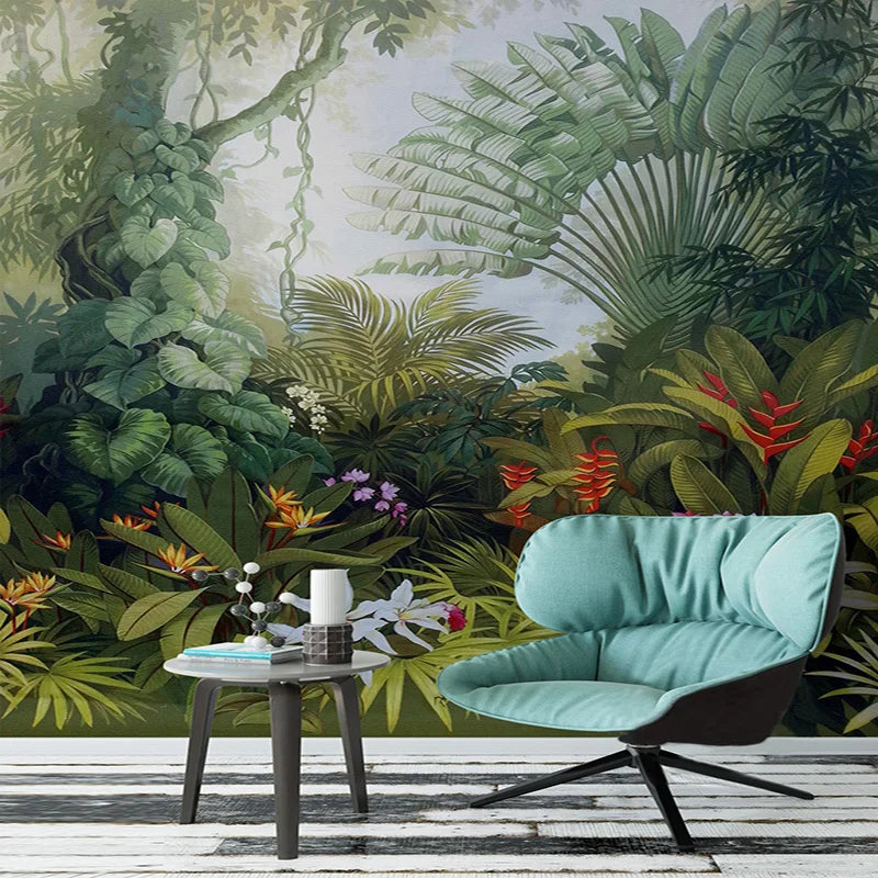 Papier peint panoramique Forêt tropicale ancienne, vert profond, mise en situation 2