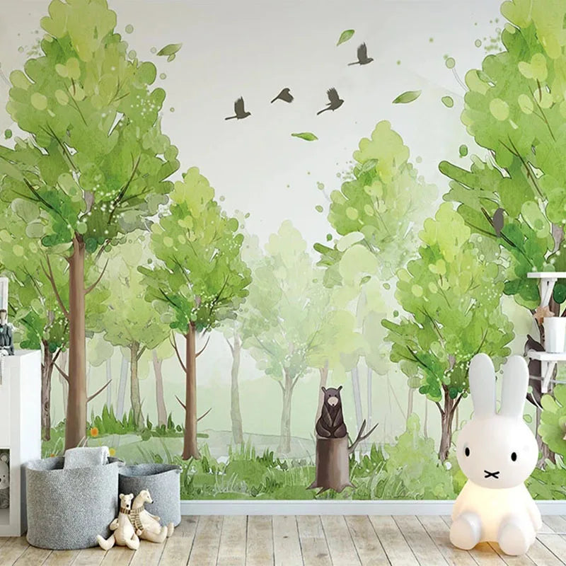 Papier peint panoramique Petite forêt aquarelle, vert, mise en situation 1