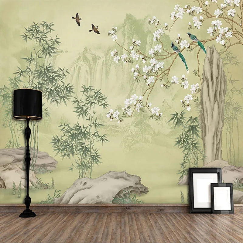 Papier peint panoramique Bambous et magnolias, vert d'eau, mise en situation 3