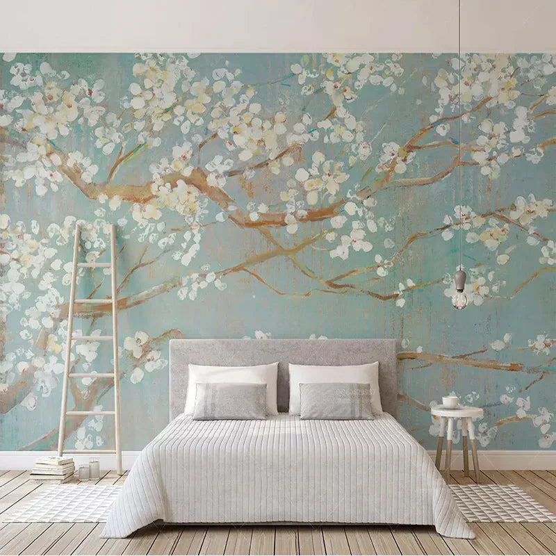 Papier peint panoramique Branches en fleurs, céladon, mise en situation 1