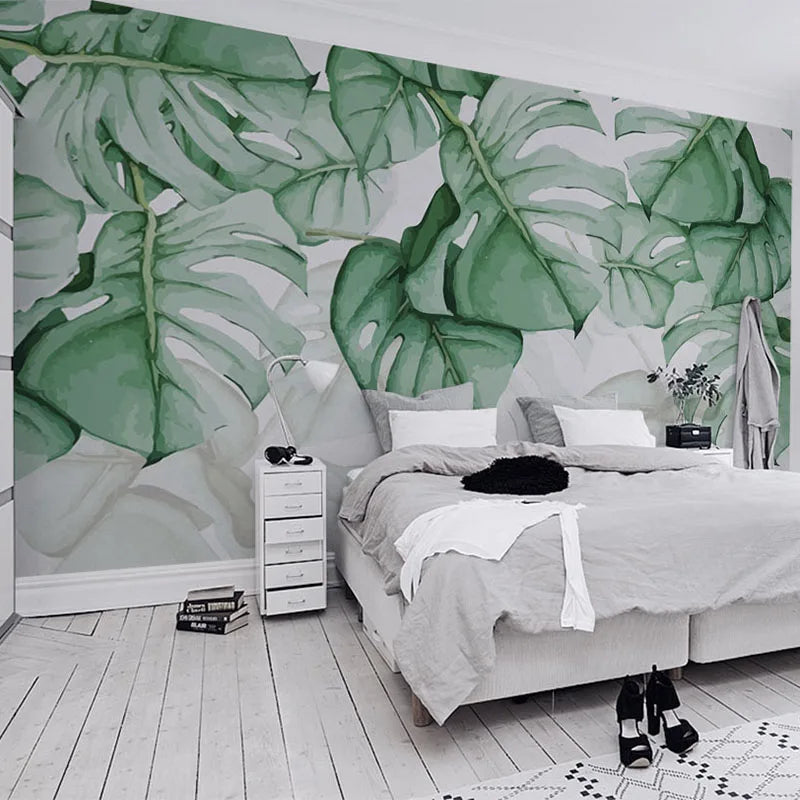 Papier peint panoramique Monstera aquarelle, vert d'eau, mise en situation 3