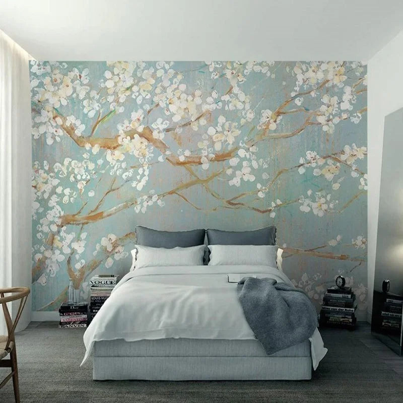 Papier peint panoramique Branches en fleurs, céladon, mise en situation 2