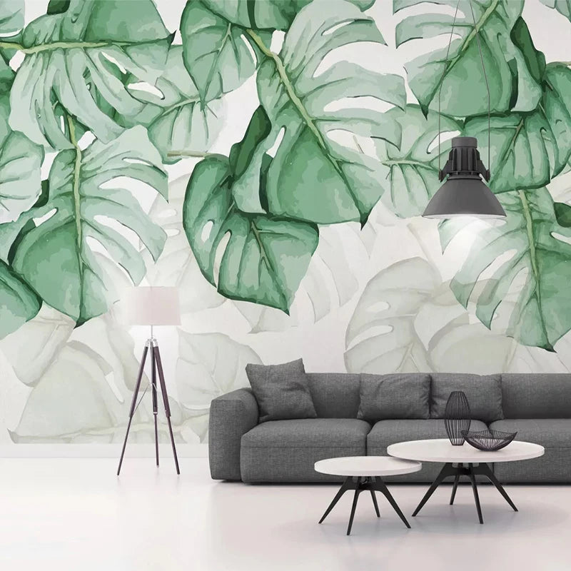 Papier peint panoramique Monstera aquarelle, vert d'eau, mise en situation 1