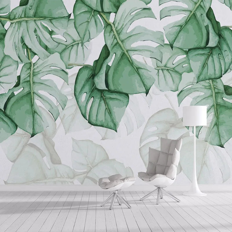 Papier peint panoramique Monstera aquarelle, vert d'eau, mise en situation 2