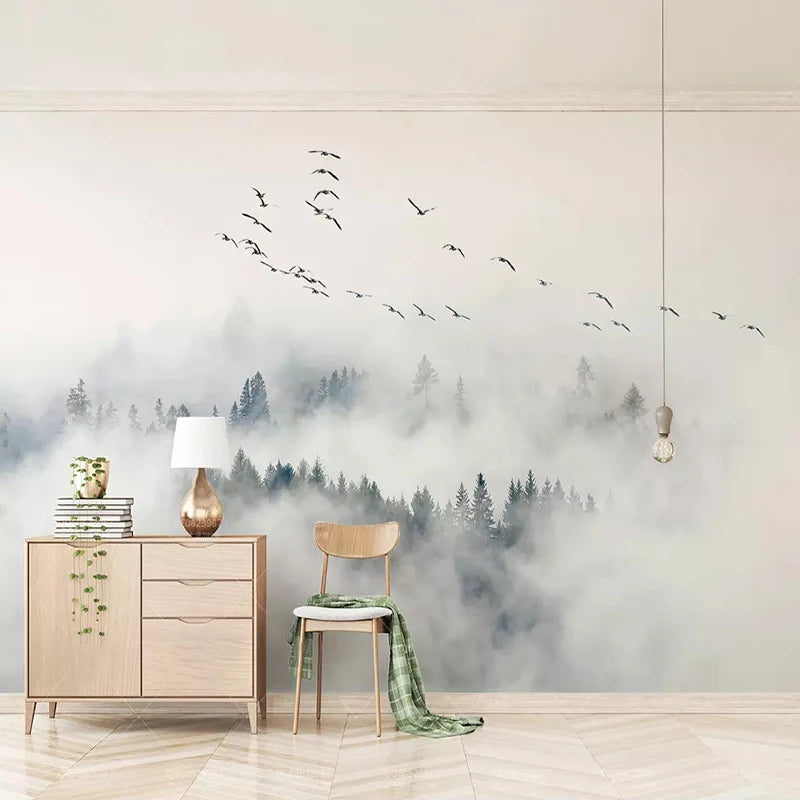 Papier peint panoramique Envol dans la brume, blanc, mise en situation 1