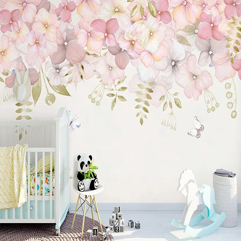 Papier peint panoramique Guirlande de fleurs, rose poudré, mise en situation 3