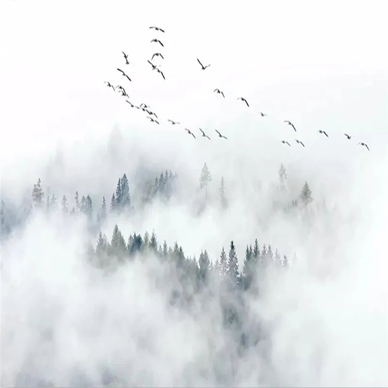 Papier peint panoramique Envol dans la brume, blanc, mise en situation 3