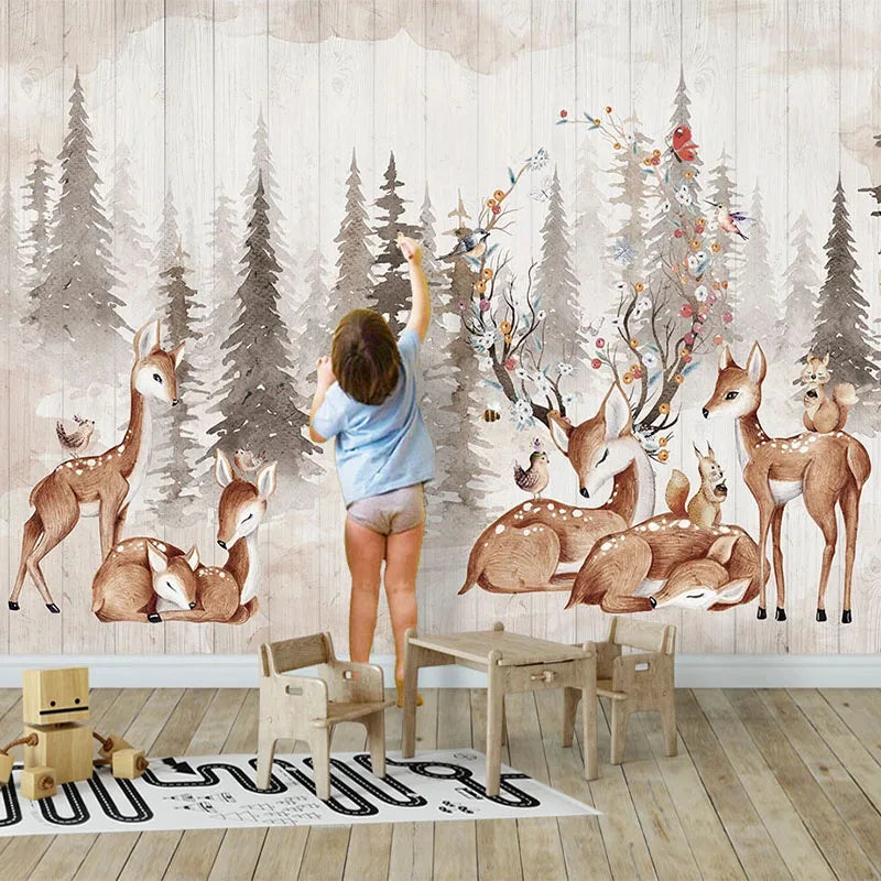 Papier peint panoramique Forêt aux cerfs, beige, mise en situation 1