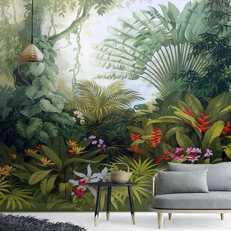 Papier peint panoramique Forêt tropicale ancienne, vert profond, mise en situation 1