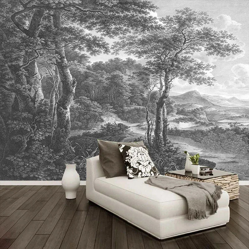 Papier peint panoramique Forêt gravée, noir et blanc, mise en situation 1