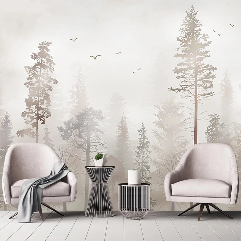 Papier peint panoramique Forêt dans la brume, gris, mise en situation 1
