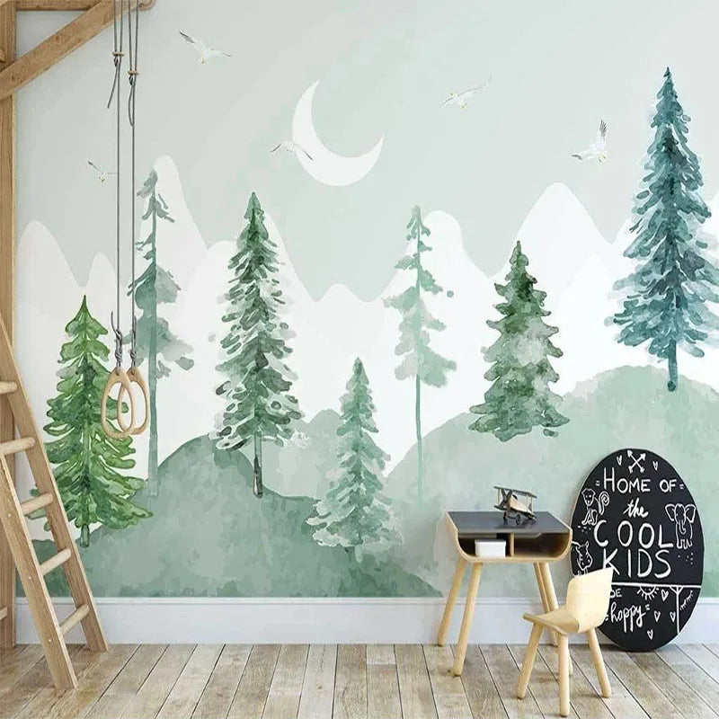 Papier peint panoramique Sapins et lune, vert tendre, mise en situation 1