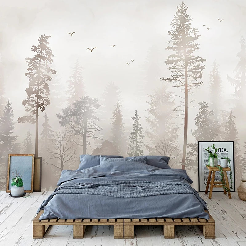 Papier peint panoramique Forêt dans la brume, gris, mise en situation 2