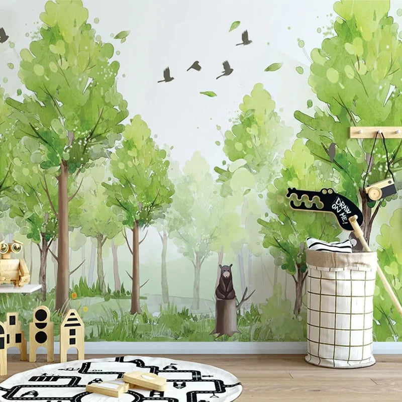 Papier peint panoramique Petite forêt aquarelle, vert, mise en situation 3