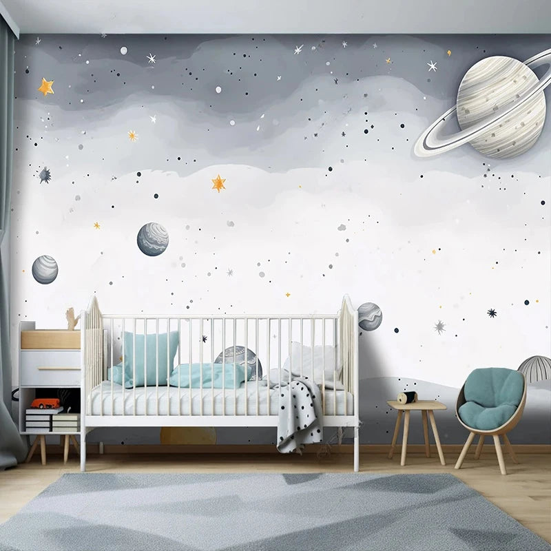 Papier peint panoramique Planètes et étoiles, gris doux, mise en situation 1