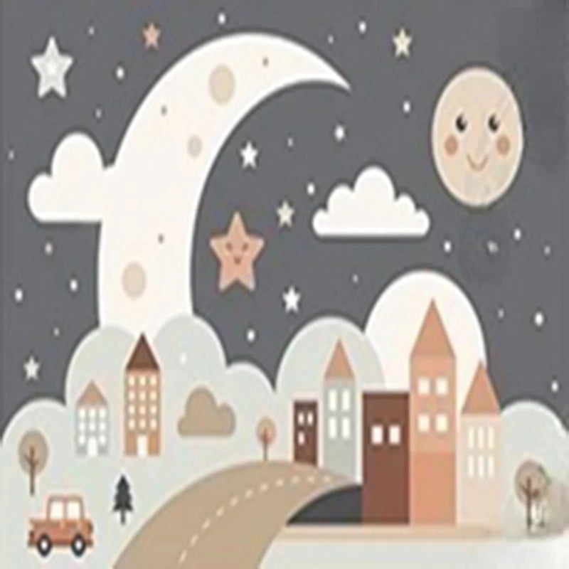 Papier peint panoramique Lune et petites maisons, gris, mise en situation 1