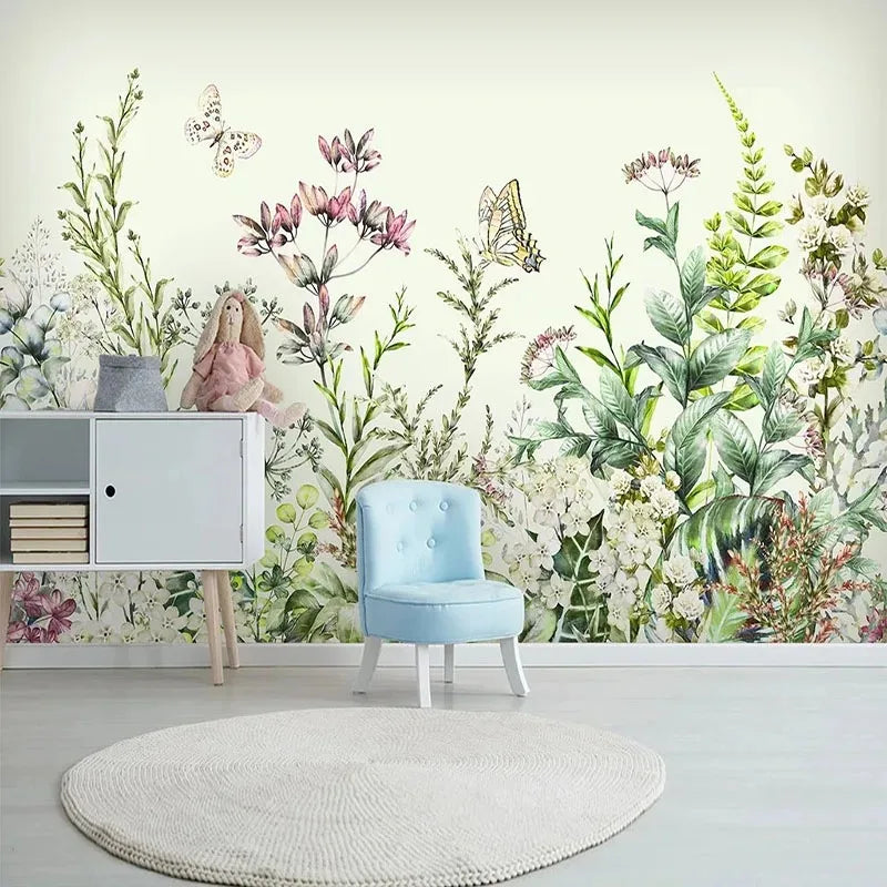 Papier peint panoramique Fleurs des prés, blanc, mise en situation 3