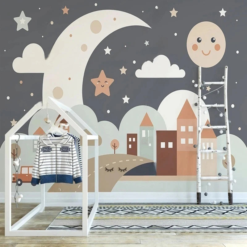 Papier peint panoramique Lune et petites maisons, gris, mise en situation 2