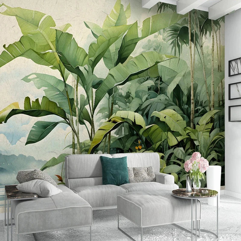 Papier peint panoramique Jungle aquarelle, vert, mise en situation 3