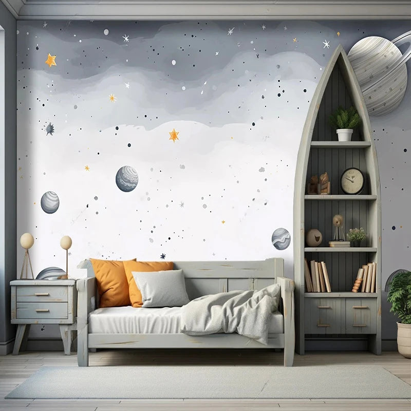 Papier peint panoramique Planètes et étoiles, gris doux, mise en situation 2