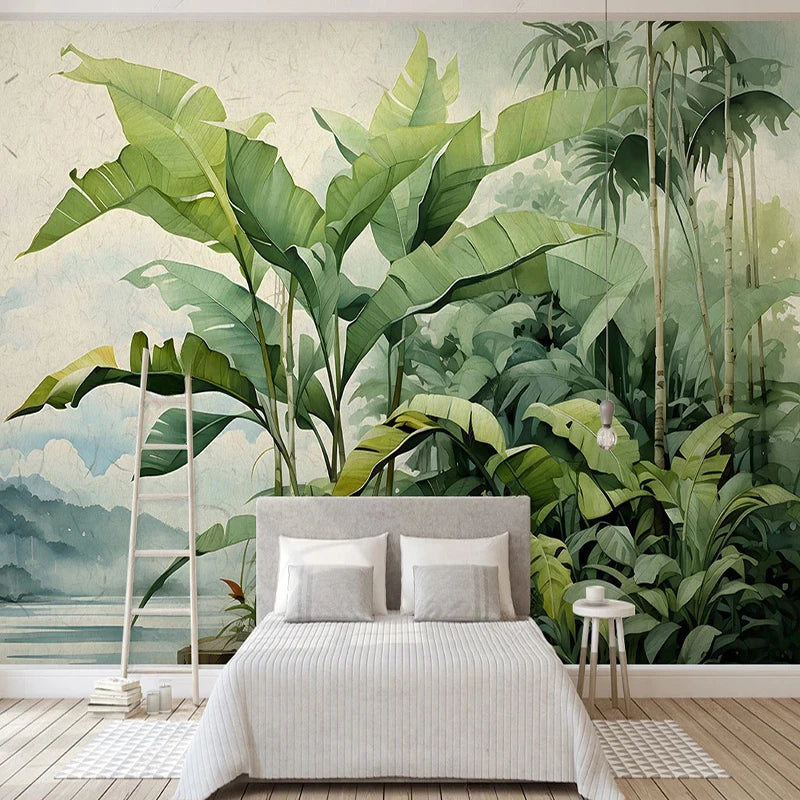 Papier peint panoramique Jungle aquarelle, vert, mise en situation 1