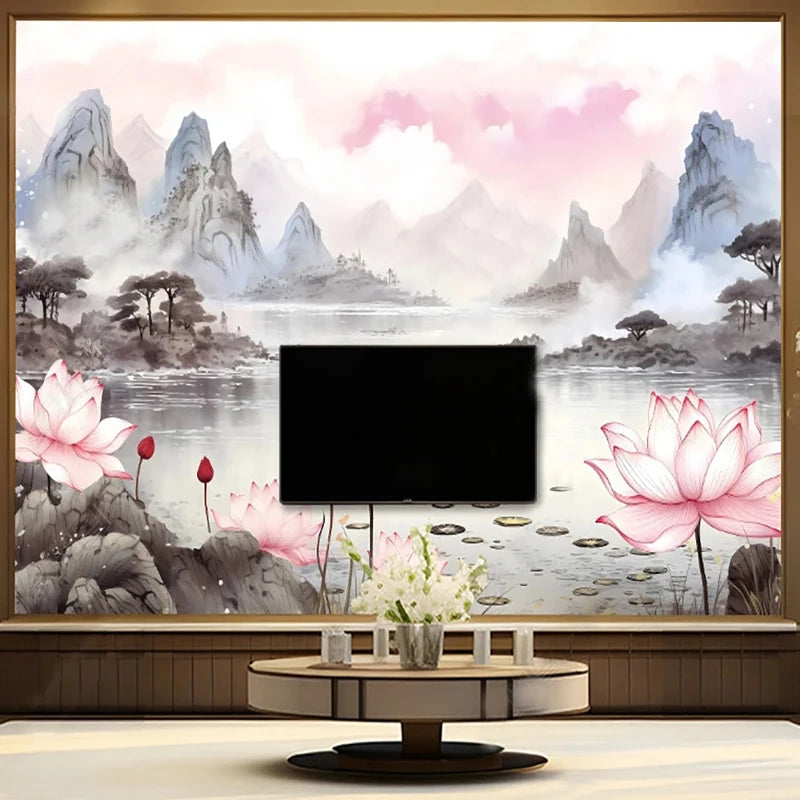 Papier peint panoramique Lotus et montagnes, rose poudré, mise en situation 2
