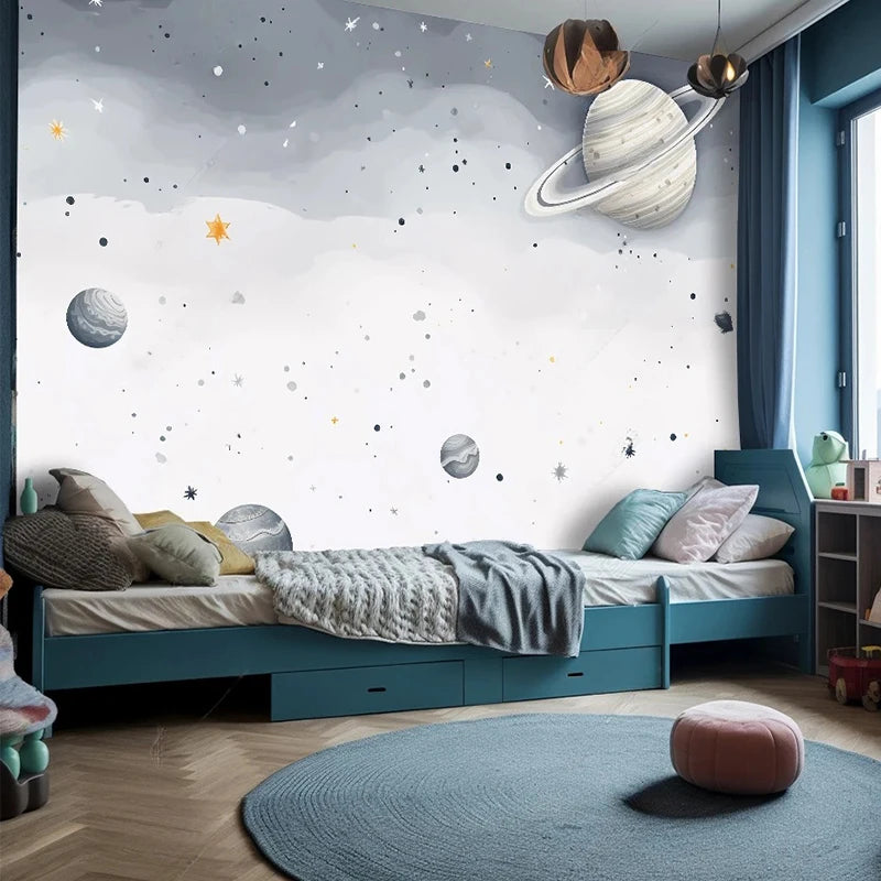 Papier peint panoramique Planètes et étoiles, gris doux, mise en situation 3