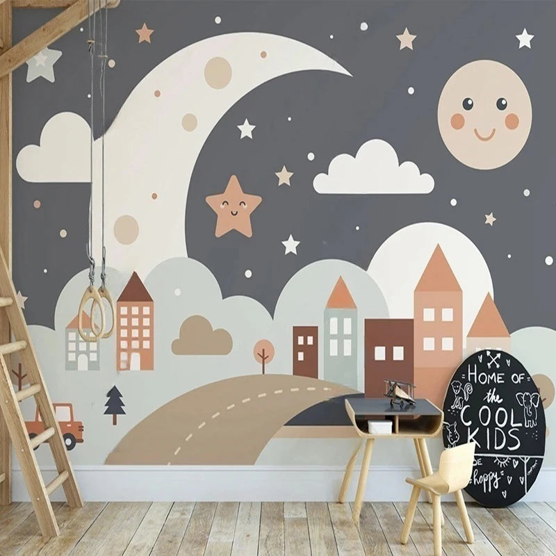 Papier peint panoramique Lune et petites maisons, gris, mise en situation 3