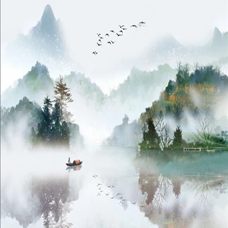 Papier peint panoramique Lac dans la brume, vert tendre, mise en situation 3