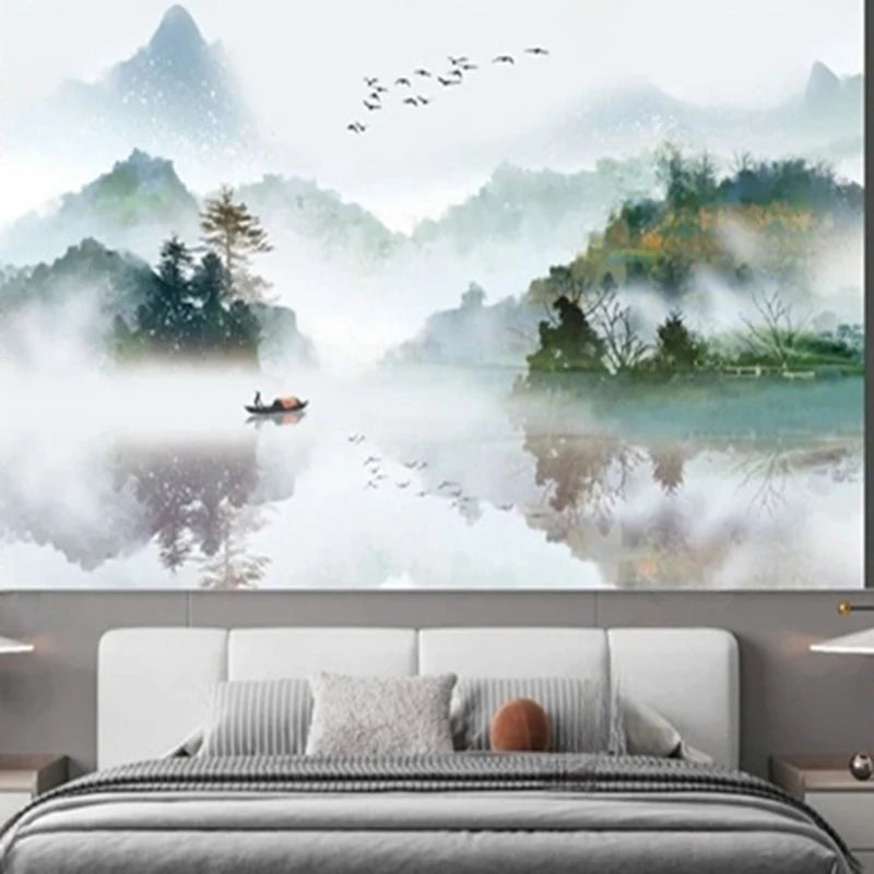 Papier peint panoramique Lac dans la brume, vert tendre, mise en situation 1