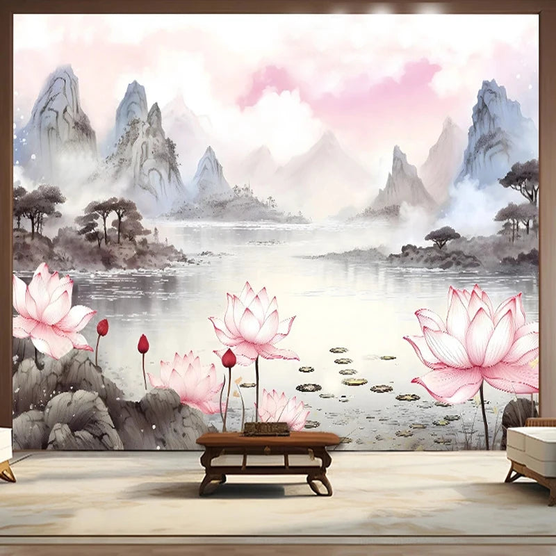 Papier peint panoramique Lotus et montagnes, rose poudré, mise en situation 1