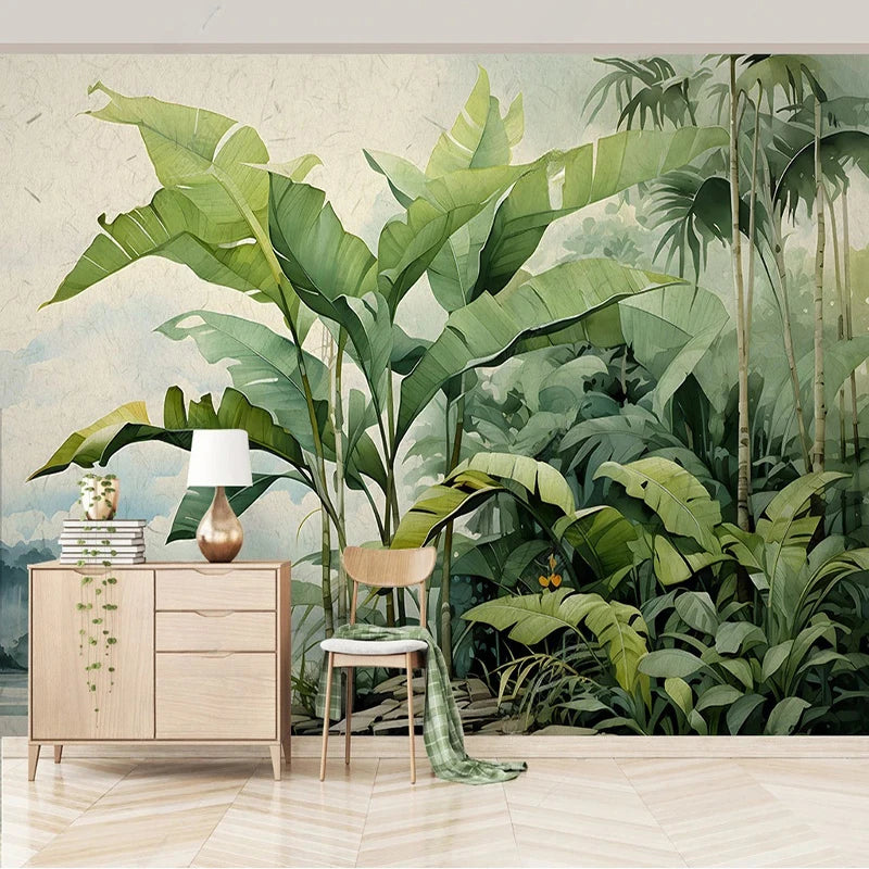 Papier peint panoramique Jungle aquarelle, vert, mise en situation 2