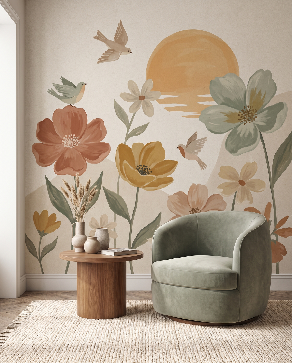 Salon ludique avec papier peint fleurs
