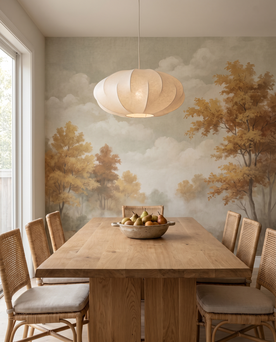 Salle à manger avec papier peint arbres