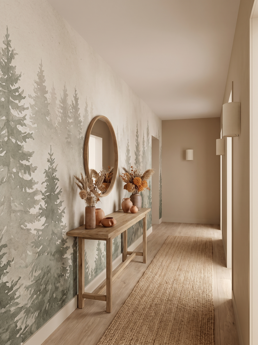 Couloir avec papier peint forêt